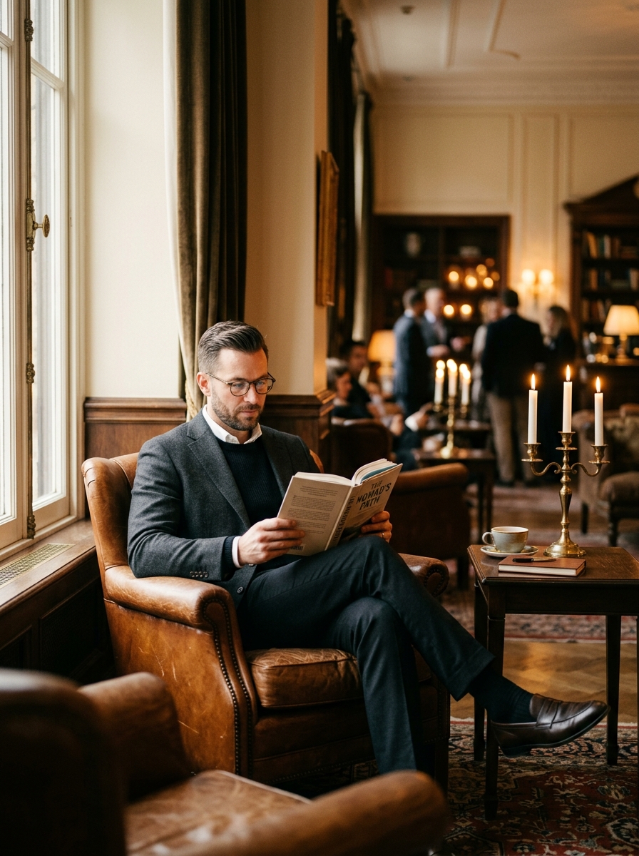 A traveler planning their journey in a premium hotel lounge