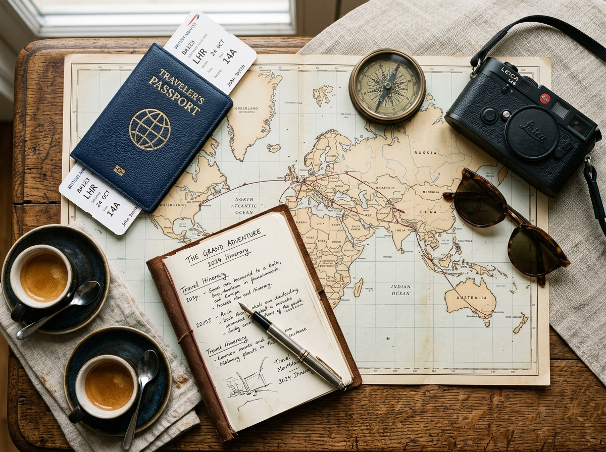 Handcrafted travel itinerary journal with passport, boarding passes, camera, and world map